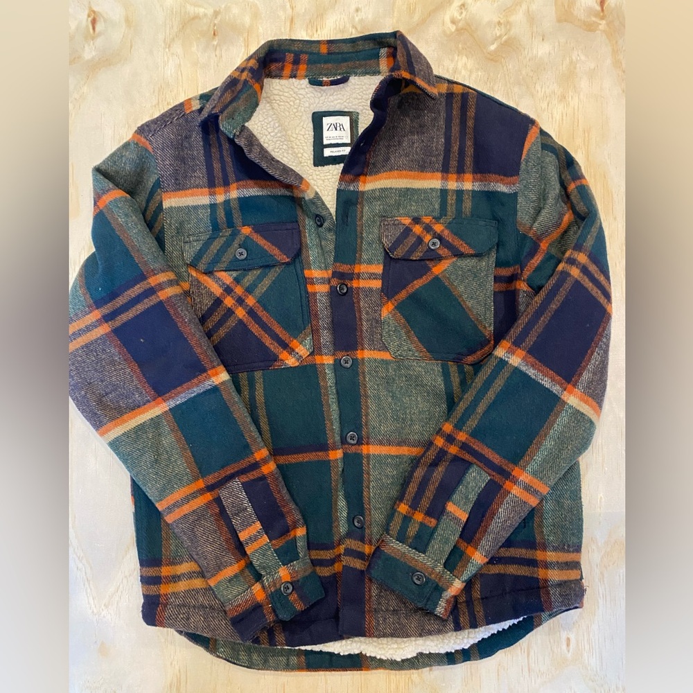 Men’s Zara Green & Navy Orange Plaid Sherpa-Lined Shacket